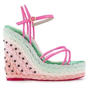 Sophia Webster Lucita Espadrille Wedge in Watermelon Pink & Green